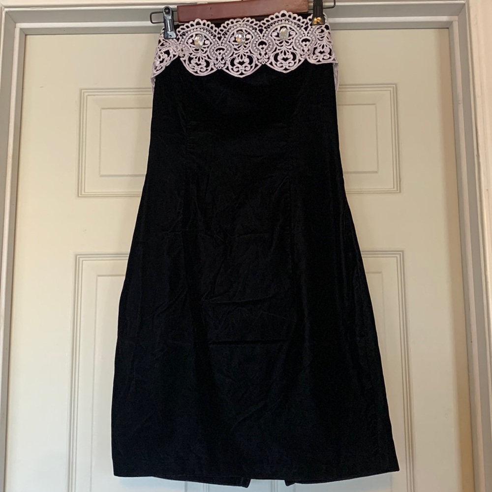 Vintage black mini velvet dress with lace detail